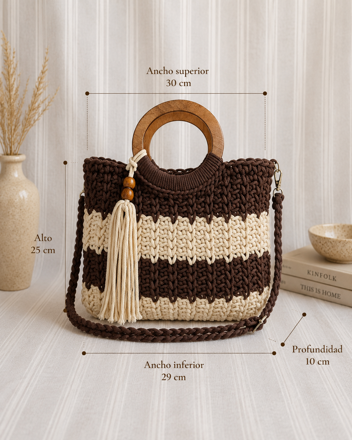 Bolso Boho Crochet trenzado con Asa de Madera