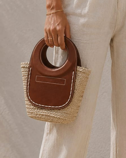 Bolso Capazo Rafia Paja Natural con Asas Piel Camel