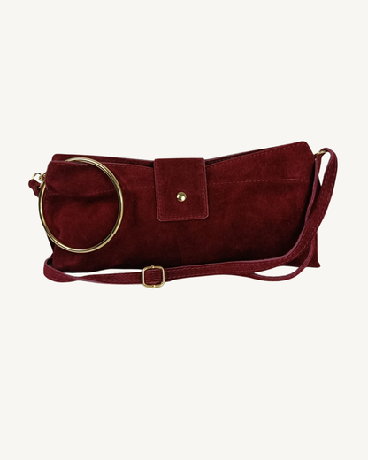 Damenhandtasche aus echtem Wildleder mit goldenem Ringgriff und Umhängeriemen
