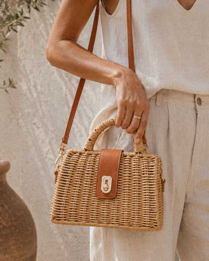 Bolso Petit de Rafia Trenzada Beige con Bandolera Boho Chic