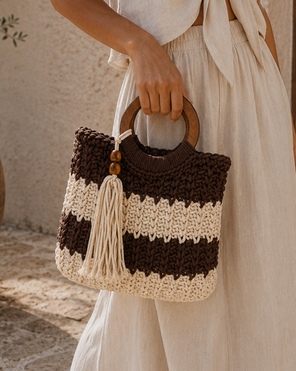 Bolso Boho Crochet trenzado con Asa de Madera