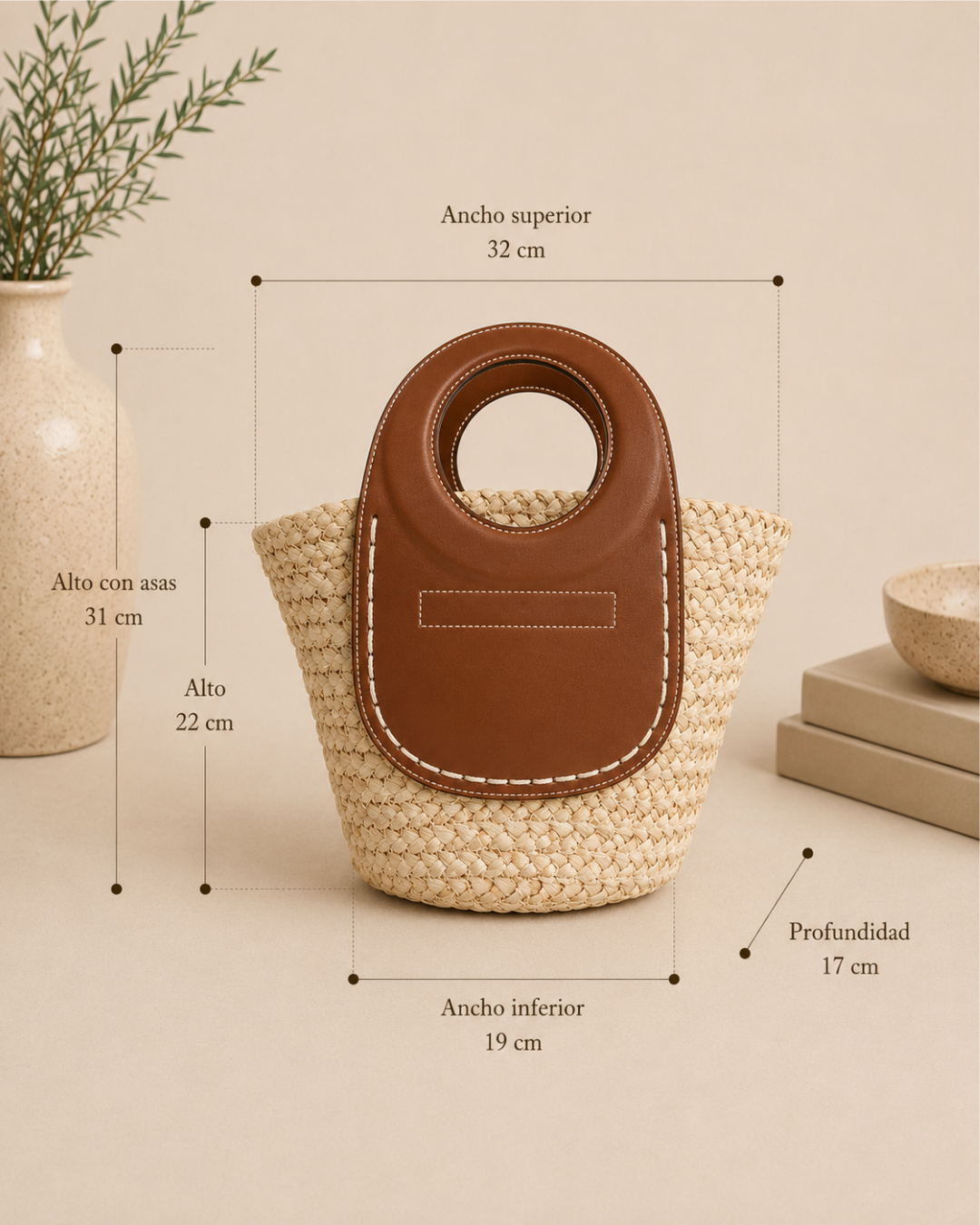 Bolso Capazo Rafia Paja Natural con Asas Piel Camel