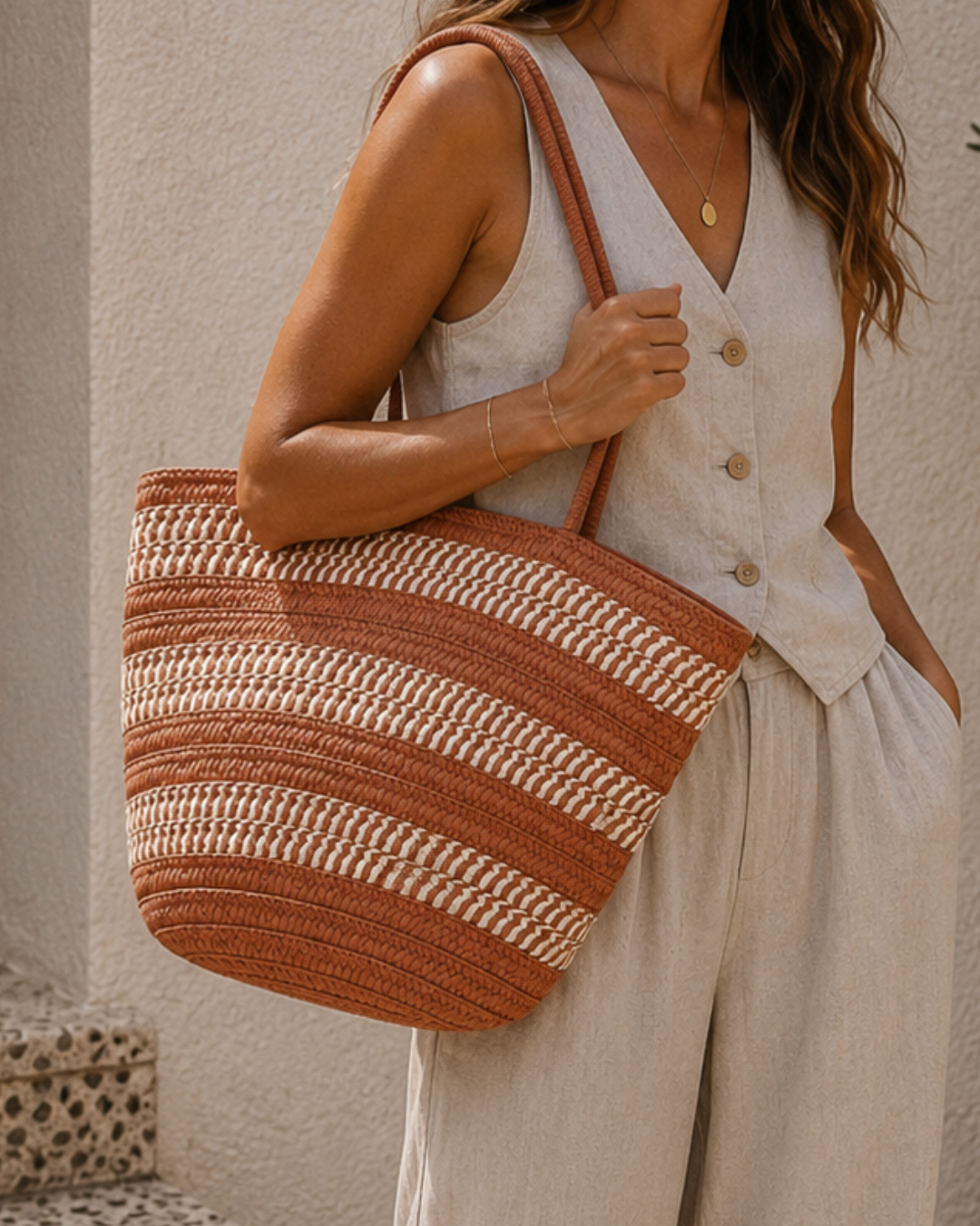 Bolso Shopper Trenzado con Beige Mujer Verano